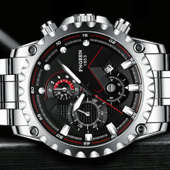 Stainless Steel Waterproof Men Sports Watch - Black Leather White Steel Black Surface
