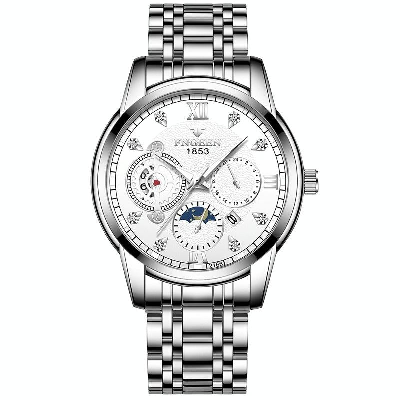Men Three-eye Hollow Quartz Sports Watch - White Steel White Surface