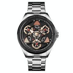 Waterproof Men Quartz Watch with Rotatable Gear Dial - Silver Shell Black Surface