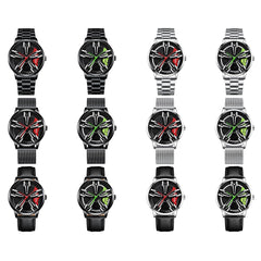 Men Metal Motorcycle Watch with Rotating Hub - Black Net Black Steel Green Surface