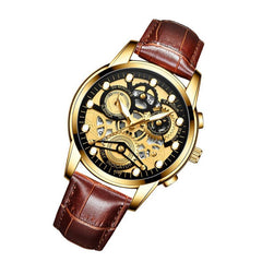 Waterproof Luminous Men Quartz Watch - Hollow Design - Brown Leather Gold Surface