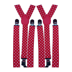 2x Mens Suspenders Braces Adjustable Strong Clip On Elastic Formal Wedding Slim - Red with White Polka Dot