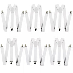 6x Mens Suspenders Braces Adjustable Strong Clip On Elastic Formal Wedding BULK - White