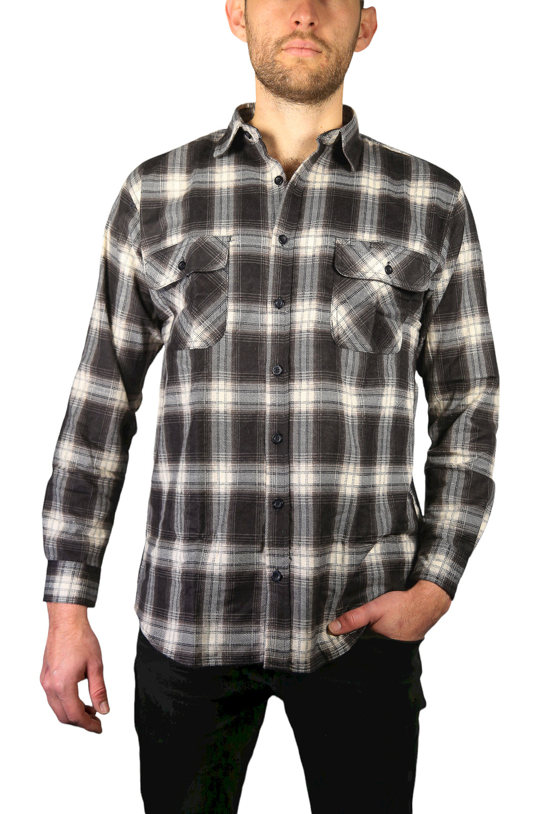 Mens Flannelette Long Sleeve Shirt 100% Cotton Check Authentic Flannel - Full Placket - Black - XXL
