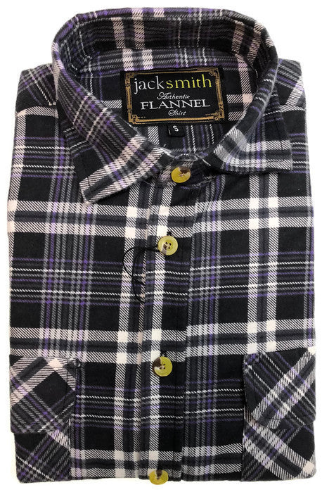 Mens Half Placket Flannelette Long Sleeve Pullover Shirt 100% Cotton Check Authentic Flannel - Black/Purple