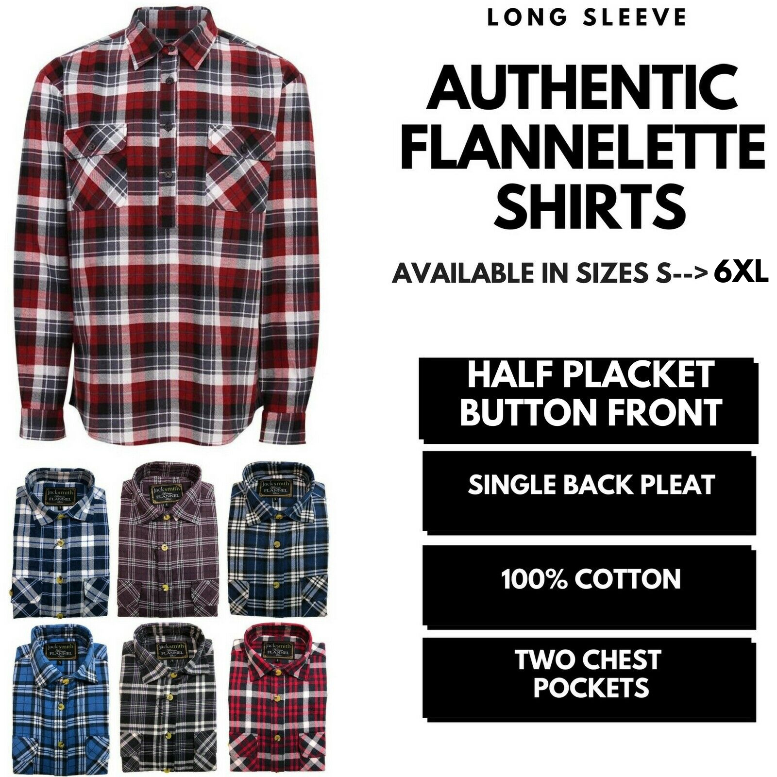 Mens Half Placket Flannelette Long Sleeve Pullover Shirt 100% Cotton Check Authentic Flannel - Black/Purple