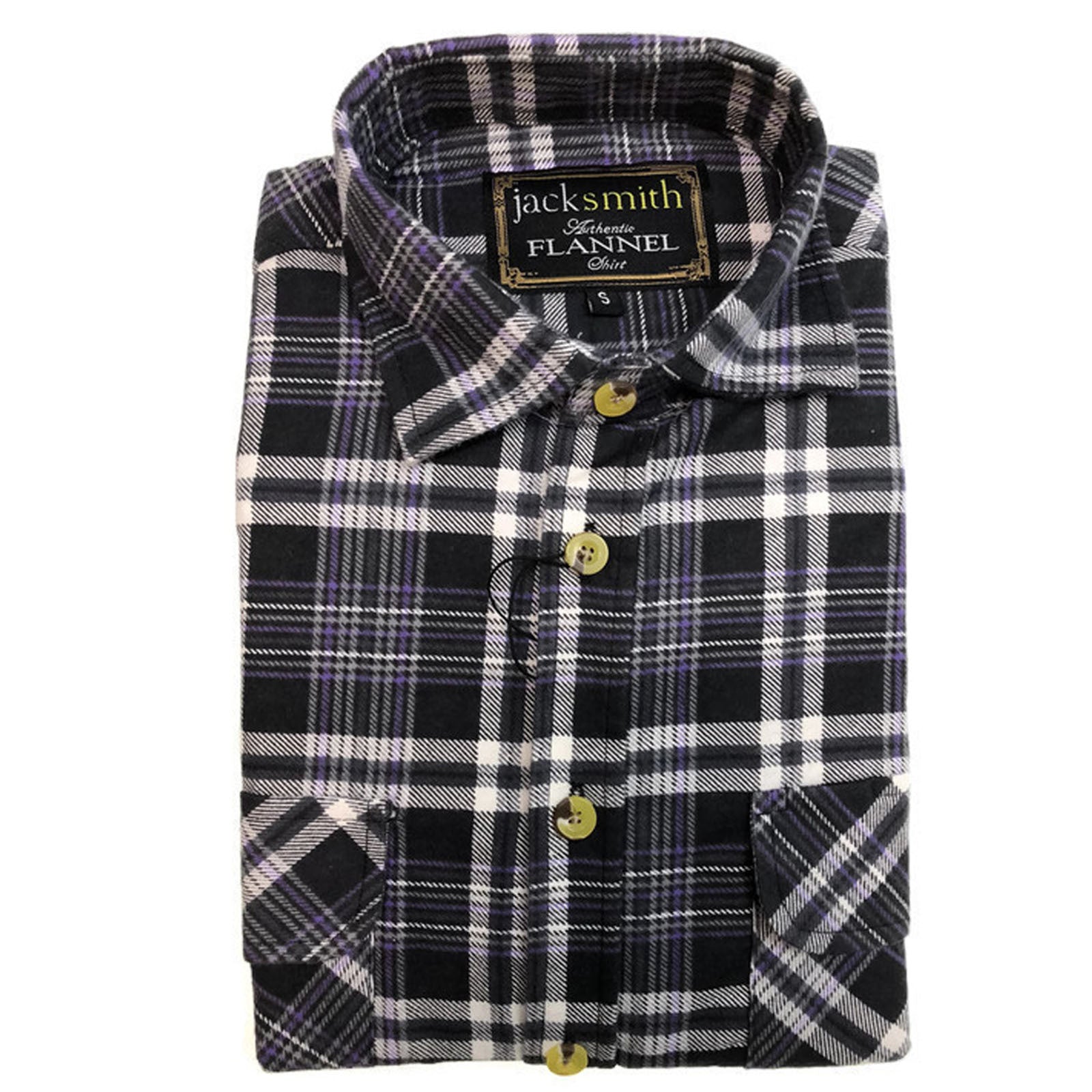 Mens Half Placket Flannelette Long Sleeve Pullover Shirt 100% Cotton Check Authentic Flannel - Black/Purple