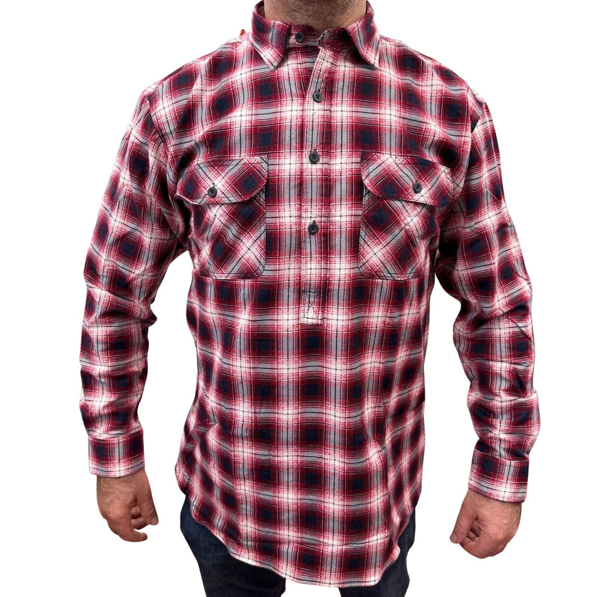 Mens Flannelette Long Sleeve Pullover Shirt 100% Cotton Flannel - Half Placket - Red/Navy - XXL