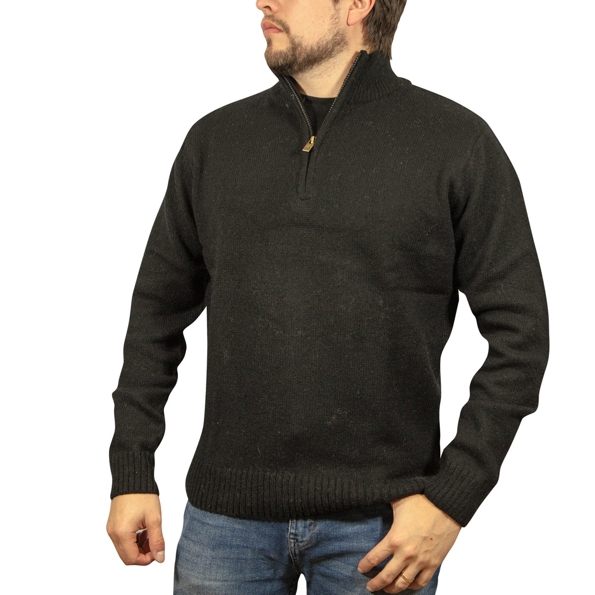 100% SHETLAND WOOL Half Zip Up Knit JUMPER Pullover Mens Sweater Knitted - Plain Black - XXL