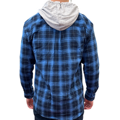 Mens Cotton Flannelette Shirt w Jersey Hood Long Sleeve Flannel - Blue - S