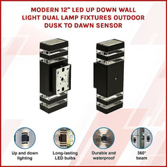 Modern 12" LED Up Down Wall Light dual Lamp Fixtures Outdoor Dusk to Dawn Sensor