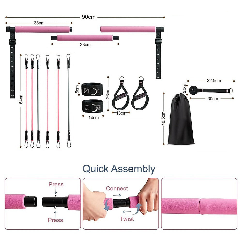 14pc Pilates Bar Kit with Resistance Bands & Belt – Home Fitness Pedal Puller