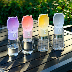 Portable Dog Water Bottle with Bowl Dispenser-550ml Purple Pet Travel Cup, Leak-proof, One-Hand Operation