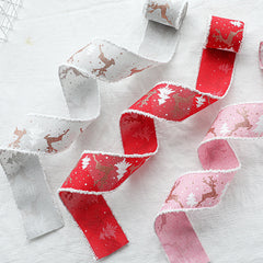 Christmas-Themed Decorative Wired Ribbon Burlap‰ÛÒ Reindeer and Tree Print Rolled Fabric Set ,Diameter 6.8 cm, length 2 cm (two set, 6 pieces in total)