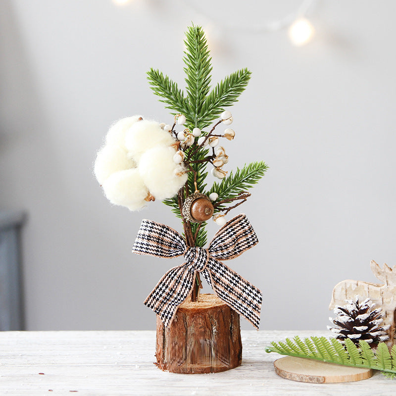 Mini Rustic Christmas Tree Decoration ‰ÛÒ 9.84 Inches Tall with Cotton and Plaid Bow Accents (4 trees)