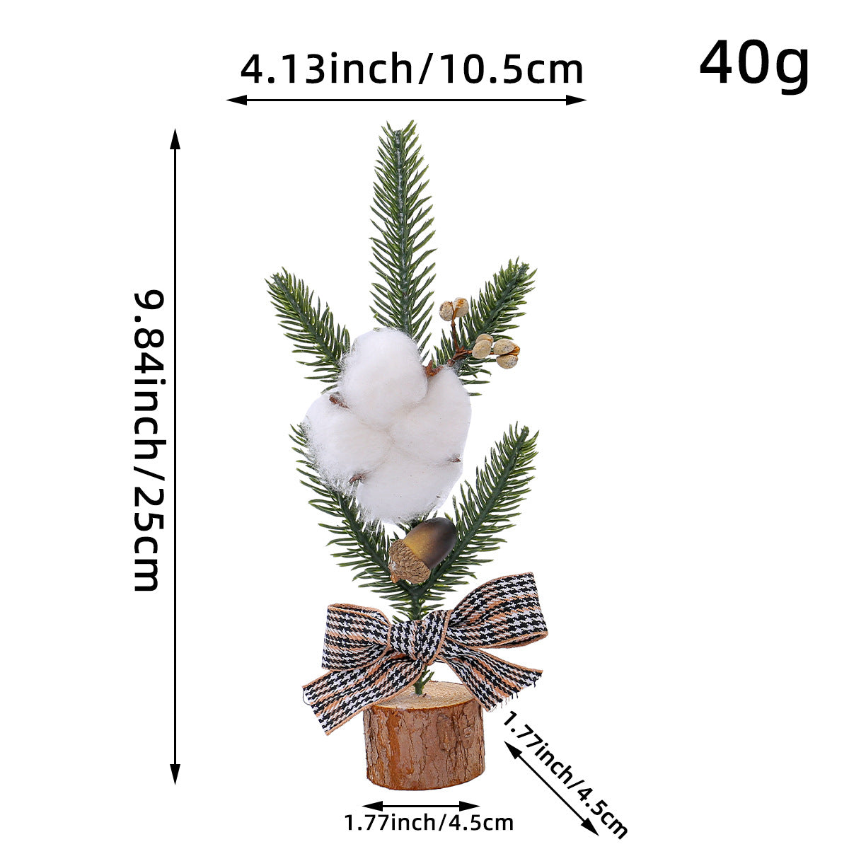 Mini Rustic Christmas Tree Decoration ‰ÛÒ 9.84 Inches Tall with Cotton and Plaid Bow Accents (4 trees)