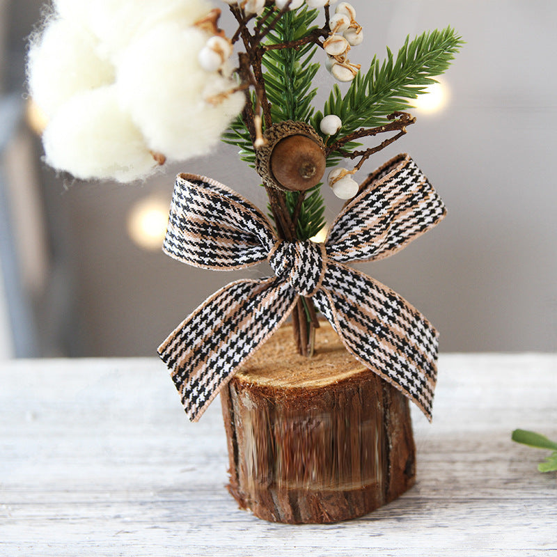 Mini Rustic Christmas Tree Decoration ‰ÛÒ 9.84 Inches Tall with Cotton and Plaid Bow Accents (4 trees)