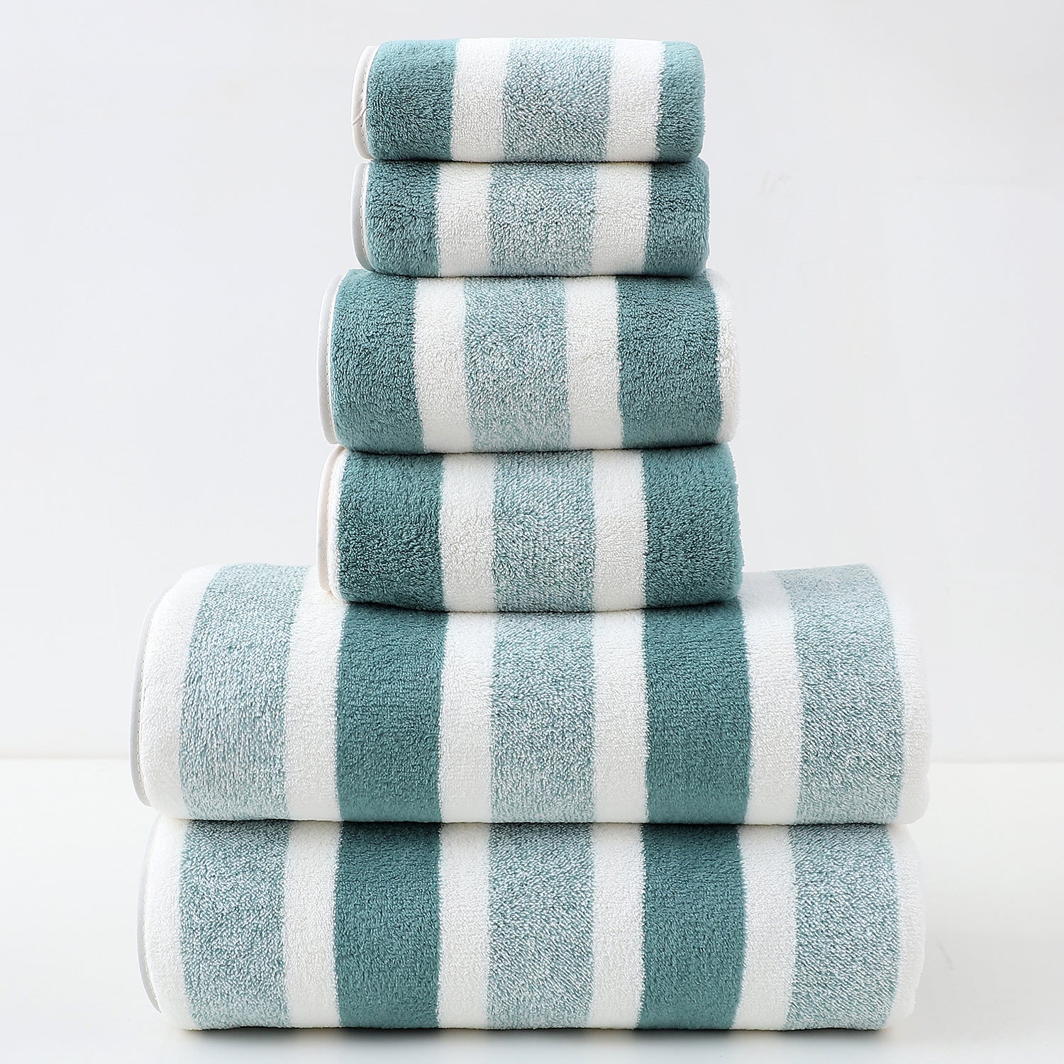 Luxury Cotton Green Wide Stripe Towel Set - 6 Piece Set (2 Hand Towels, 2 Bath Towels, 2 Washcloths), Ultra Soft and Absorbent