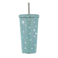 Blue Diamond-Inlaid Insulated 304 Stainless Steel Cup with Straw - Double-Walled, Rhinestone Coffee Mug, Gift Cup for Beverages