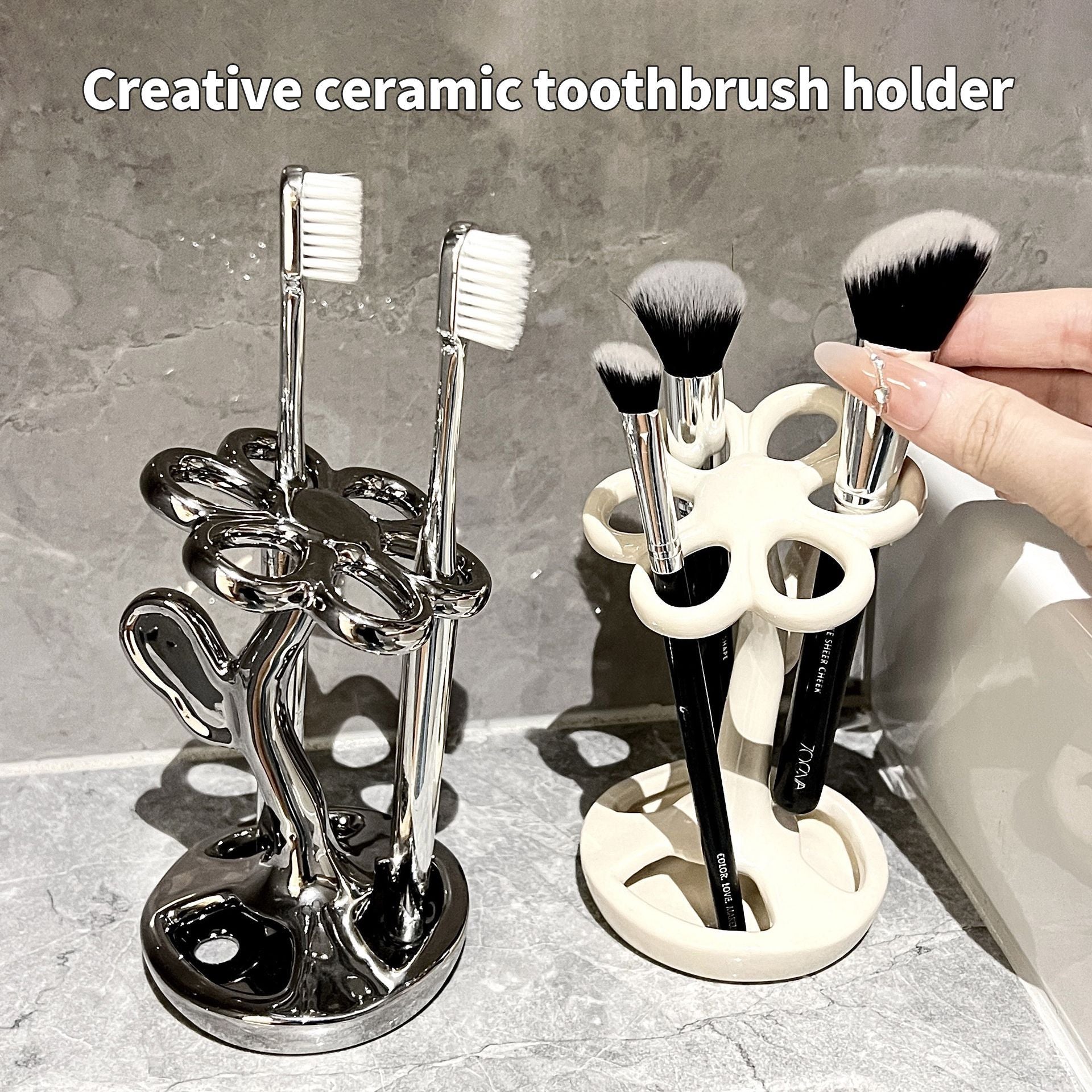 White Creative Ceramic Toothbrush Holder ‰ÛÒ Makeup Brush & Eyebrow Pencil Organizer for Bathroom, Stylish and Practical Toothbrush Stand