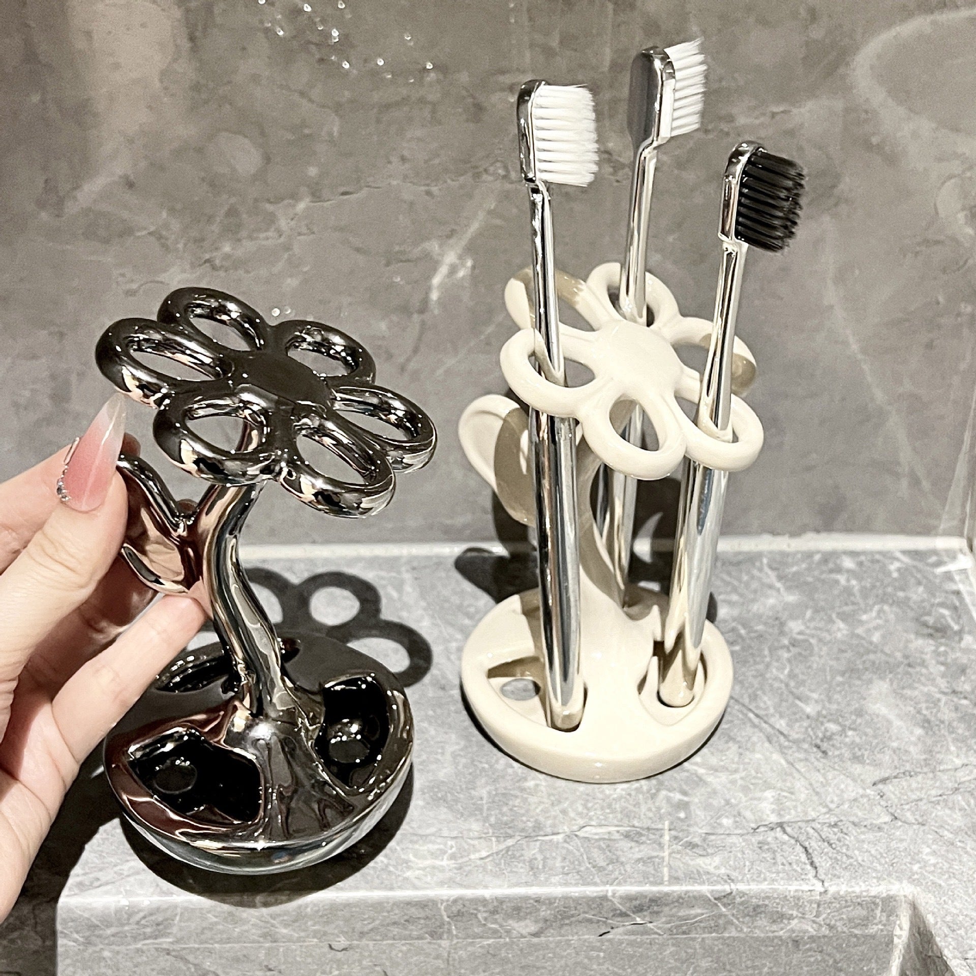 White Creative Ceramic Toothbrush Holder ‰ÛÒ Makeup Brush & Eyebrow Pencil Organizer for Bathroom, Stylish and Practical Toothbrush Stand