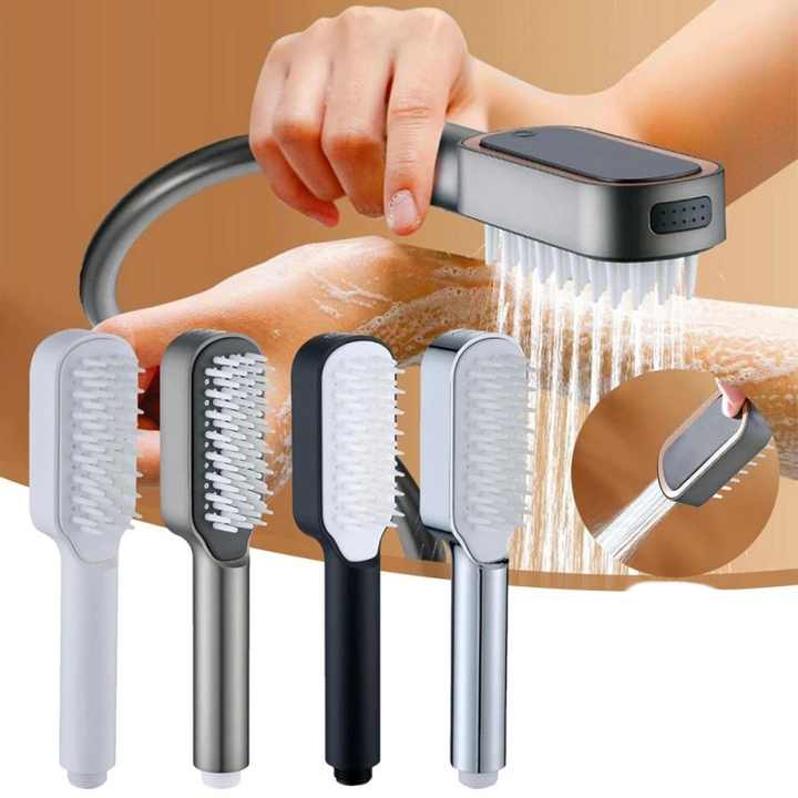 Silver Handheld Shower Head with Silicone Brush and Massage Function ‰ÛÒ High-Pressure Water Spray