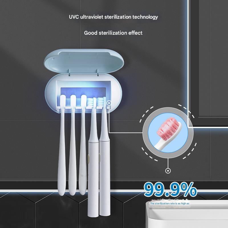 Cyan Wall-Mounted Toothbrush Sterilizer with UV-C Disinfection and Drying - USB Rechargeable, Family 5-Brush Holder, ABS Material