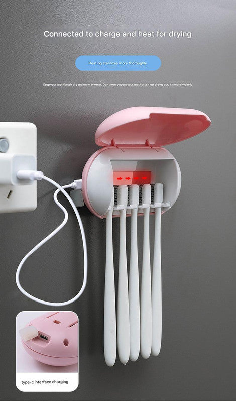 Pink Wall-Mounted Toothbrush Sterilizer with UV-C Disinfection and Drying - USB Rechargeable, Family 5-Brush Holder, ABS Material