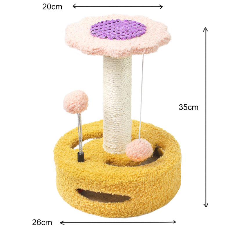 Yellow Bold Flower Cat Scratching Post - Interactive Plush & Sisal Cat Toy with Teaser Balls