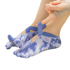 2 Pairs Blue Tie-Dye Non-Slip Yoga Socks for Women - Five-Toe Cotton Blend Socks for Pilates and Indoor Sports