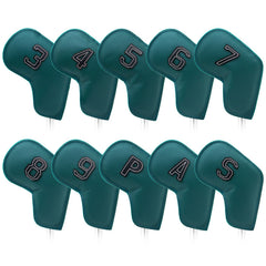 Dark Green Golf Iron Head Covers Set of 10 - Waterproof PU Leather Club Protectors with Embroidered Numbers (3-9, P, A, S)