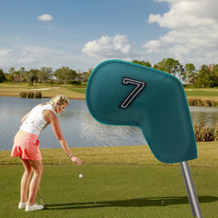 Dark Green Golf Iron Head Covers Set of 10 - Waterproof PU Leather Club Protectors with Embroidered Numbers (3-9, P, A, S)