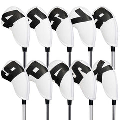 Black Words On White Background PU Leather Golf Iron Headcovers Set (10pcs) - Numbered Protective Club Covers (4-9, P, A, S, L) Universal Fit