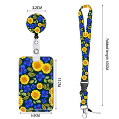 2-pcs Retractable ID Badge Reel Lanyard Set with Vertical Hard Plastic Card Holder - Blue flowers and plants (Style 4)