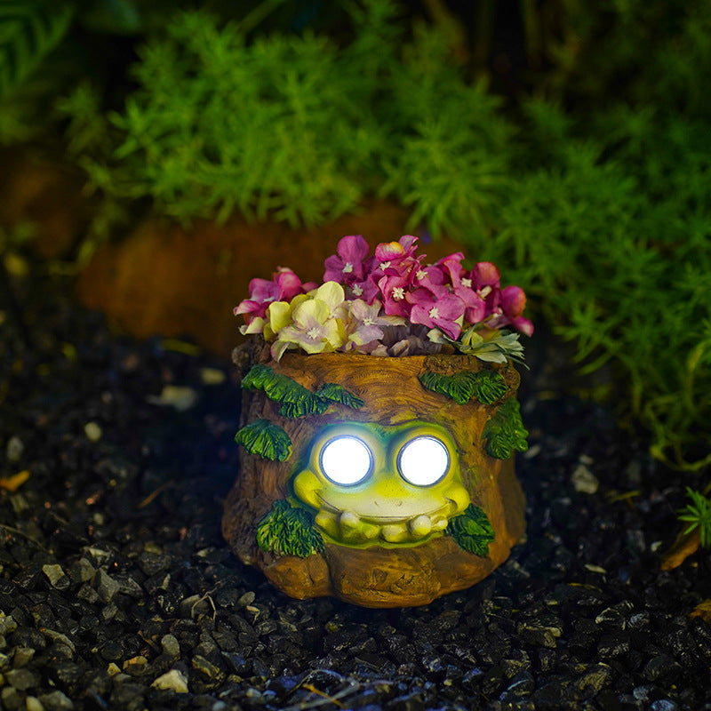 Frog Solar Light Planter - Resin Succulent Pot with Glowing Eyes (Stump frog)