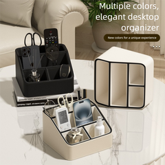 Beige and Black Stylish PU Leather Desktop Organizer Caddy - Multi-Compartment Holder for Remotes, Office Supplies, Makeup