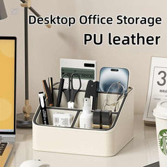 Beige and Black Stylish PU Leather Desktop Organizer Caddy - Multi-Compartment Holder for Remotes, Office Supplies, Makeup