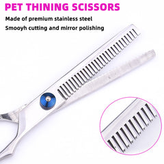Blue and Silver Complete 5-Piece Pet Grooming Scissors Kit - Stainless Steel Straight, Curved & Thinning Shears with Comb & PU Case (6.0 Inch)