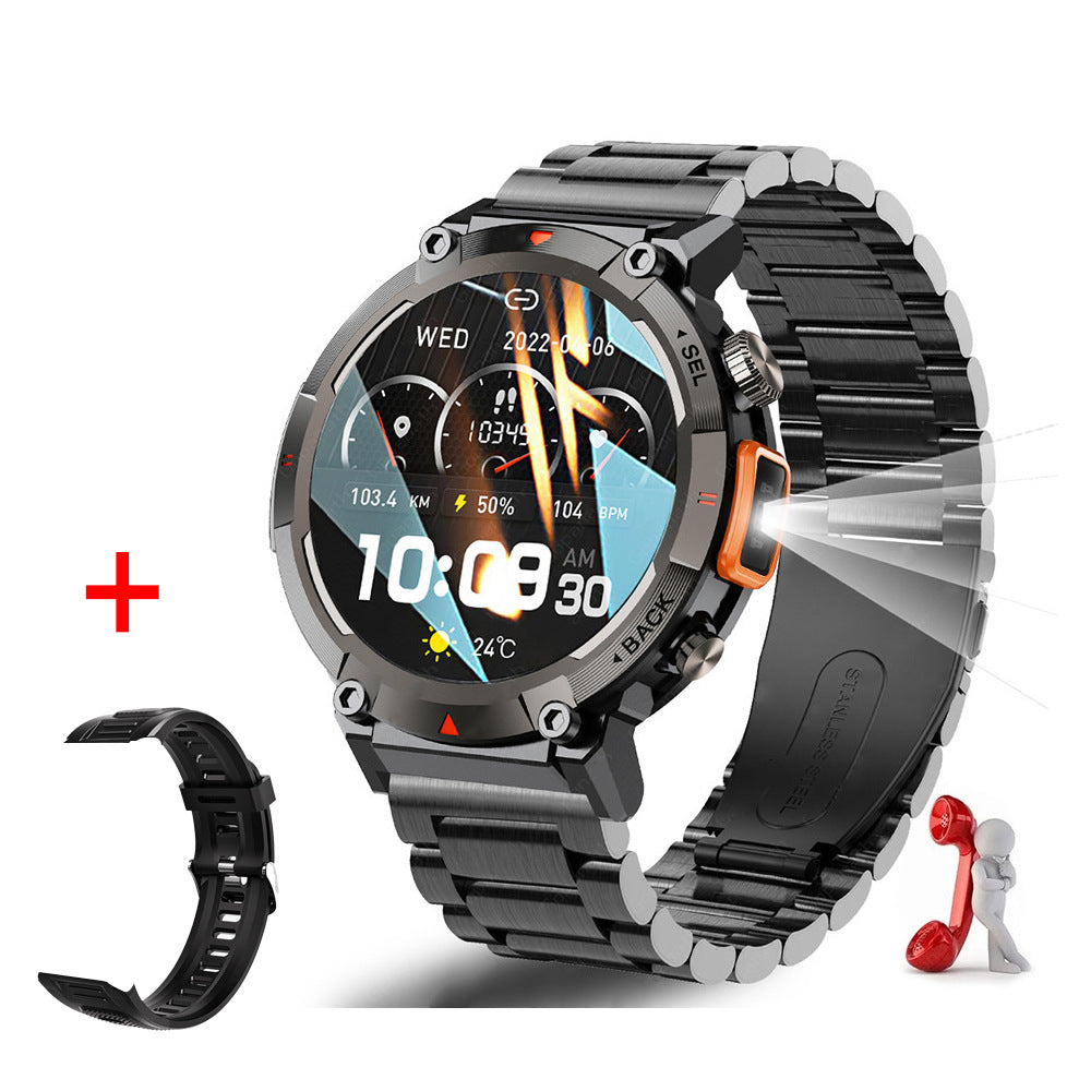 Black-orange Steel Belts Outdoor Smartwatch with 1.45-Inch HD Round Screen and Flashlight