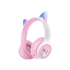 Cute Cat Ear Wireless Headphones - BT5.3, LED Lights, TF Card Slot, Soft Protein Padding(Pink)