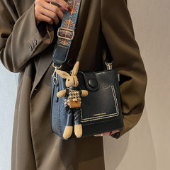Vintage Style PU Leather Bucket Bag with Wide Patterned Strap & Optional Bunny Charm(red brown)