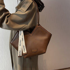 Chic Textured PU Leather Tote Bag with V-Cut Design & Decorative Ribbon Strap Accent(White)