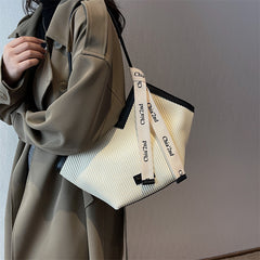 Chic Textured PU Leather Tote Bag with V-Cut Design & Decorative Ribbon Strap Accent(Coffee)