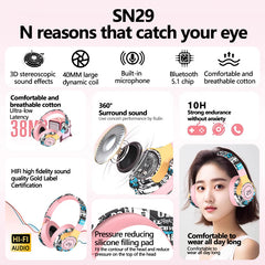 Trendy Graffiti Wireless Over-Ear Headphones - Bluetooth 5.1, HIFI 360 Surround Sound, 12H Playtime, Low Latency(pink)