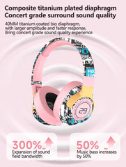 Trendy Graffiti Wireless Over-Ear Headphones - Bluetooth 5.1, HIFI 360 Surround Sound, 12H Playtime, Low Latency(pink)