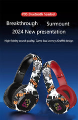 Wireless Over-Ear Headphones with Graffiti Design - Bluetooth 5.3, HIFI Sound, RGB Light, 8H Playtime(red)