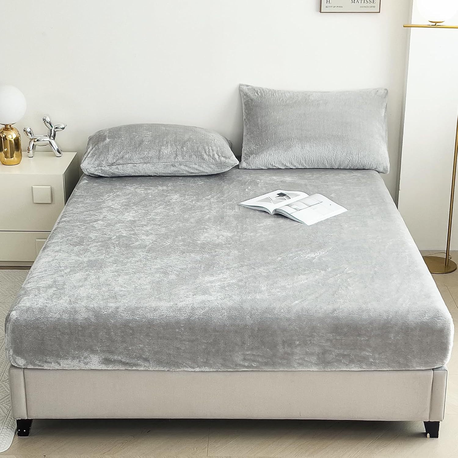 Light Gray Plush Crystal Velvet Fitted Sheet - Ultra Soft, Warm & Thick for Winter (138x190+36cm)