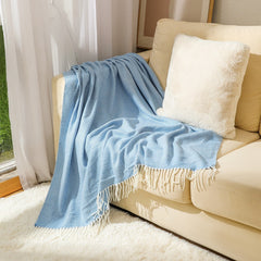 Blue Elegant Herringbone Tassel Throw Blanket - Large Acrylic Faux Cashmere Soft Cozy Blanket for Sofa, Bed & Decor (130x240cm)