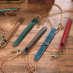 Brown Vintage Top-Grain Leather Pen Sleeve Holder with Neck Strap - Protective Single Pen Case