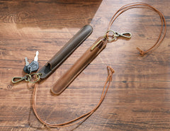 Brown Vintage Top-Grain Leather Pen Sleeve Holder with Neck Strap - Protective Single Pen Case